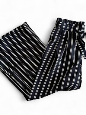 Black and White Striped Cropped Wide-leg Tie Waist Culotte Pants Size XS